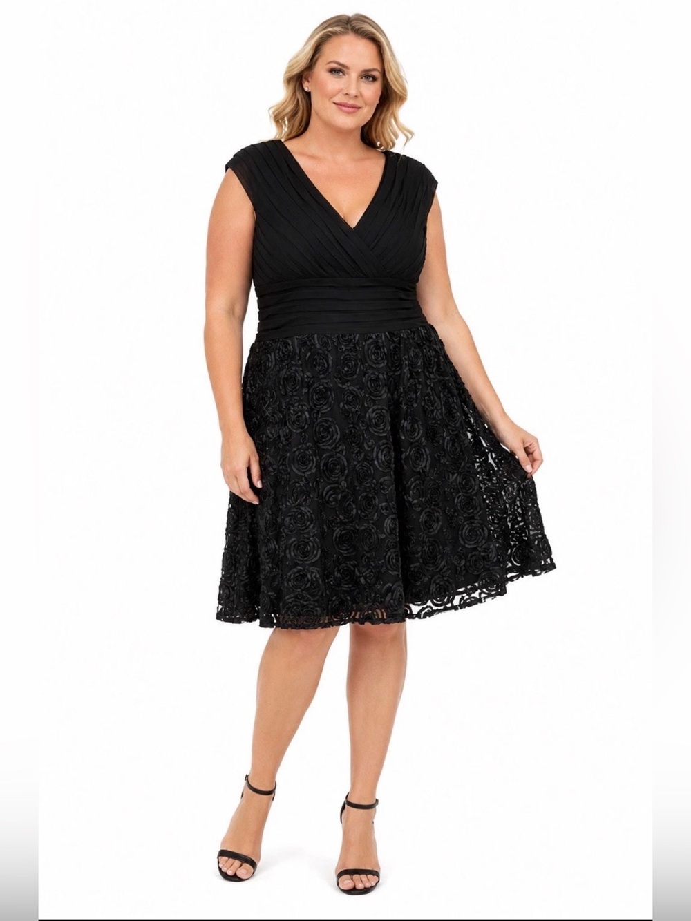 Adrianna Papell Black V-Neck Rosette A-Line Dress